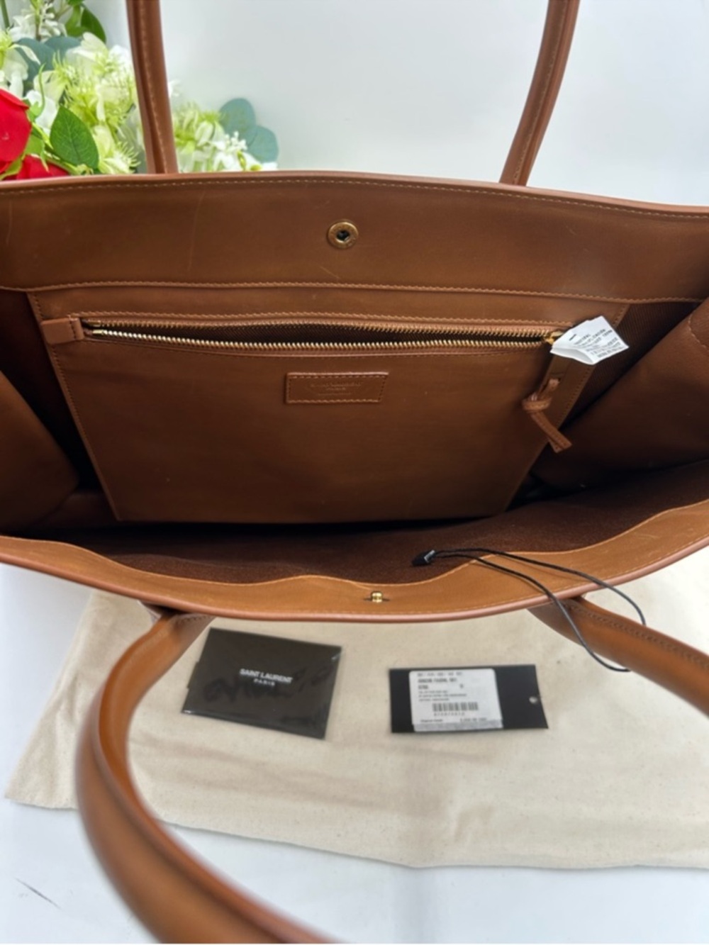 Women’s Saint Laurent RIVE GAUCHE tote bag natural sand, RAFFIAN brick leather - Picture 2 of 15